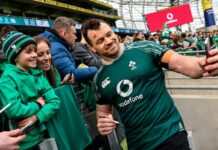 Cian Healy takes a selfie with fans during Ireland's open training session at the Aviva Stadium. Photograph: Ben Brady/Inpho