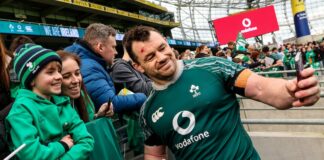 Cian Healy takes a selfie with fans during Ireland's open training session at the Aviva Stadium. Photograph: Ben Brady/Inpho