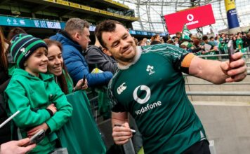 Cian Healy takes a selfie with fans during Ireland's open training session at the Aviva Stadium. Photograph: Ben Brady/Inpho