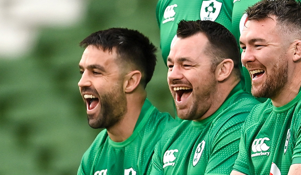 Ireland players, from right, to left, Peter O’Mahony, Cian Healy and Conor Murray, share a joke in the company of Ireland supporter Jennifer Malone, during the Ireland rugby captain's run at the Aviva Stadium in Dublin. Pic: Ramsey Cardy/Sportsfile