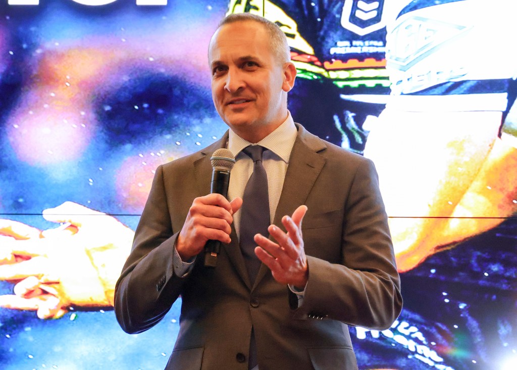 Andrew Abdo, CEO of the NRL, talks with the media during the NRL Las Vegas media launch at the Rugby League Fan Hub at Resorts World Las Vegas on Feb. 26, 2025 in Las Vegas.