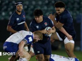 Kepu Tuipulotu runs into a tackle during an England U20 match