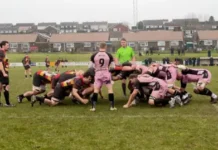 BBC Clifton RFC and Cinderford RFC teams locked in a scrum during a game