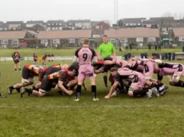 BBC Clifton RFC and Cinderford RFC teams locked in a scrum during a game