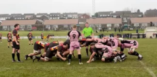 BBC Clifton RFC and Cinderford RFC teams locked in a scrum during a game