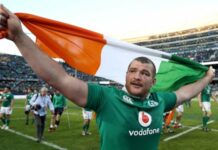 November 5, 2016: Jack McGrath of Ireland celebrates following his team's 40-29 victory during the international match between Ireland and New Zealand at Soldier Field in Chicago.