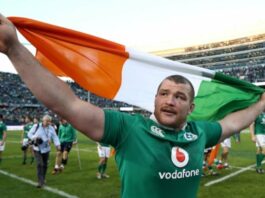 November 5, 2016: Jack McGrath of Ireland celebrates following his team's 40-29 victory during the international match between Ireland and New Zealand at Soldier Field in Chicago.