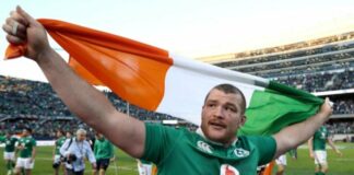 November 5, 2016: Jack McGrath of Ireland celebrates following his team's 40-29 victory during the international match between Ireland and New Zealand at Soldier Field in Chicago.