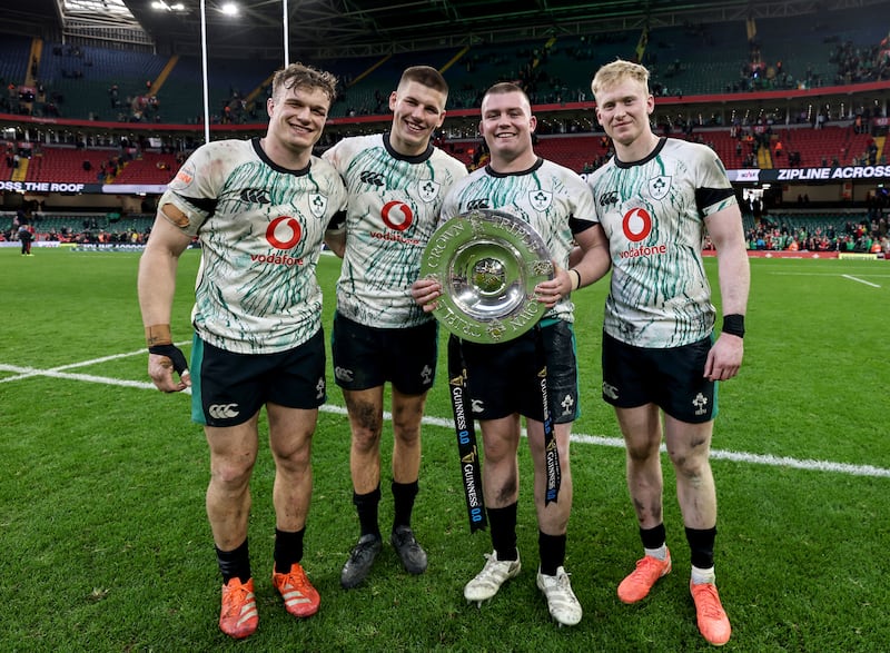 Ireland's Josh van der Flier, Sam Prendergast, Jack Boyle and Jamie Osborne celebrate after the game. Photograph: Dan Sheridan/Inpho                        