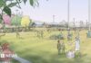 An artist impression of the proposed rugby ground with drawings of spectators and people playing rugby. There are trees in the background and two clubhouse buildings
