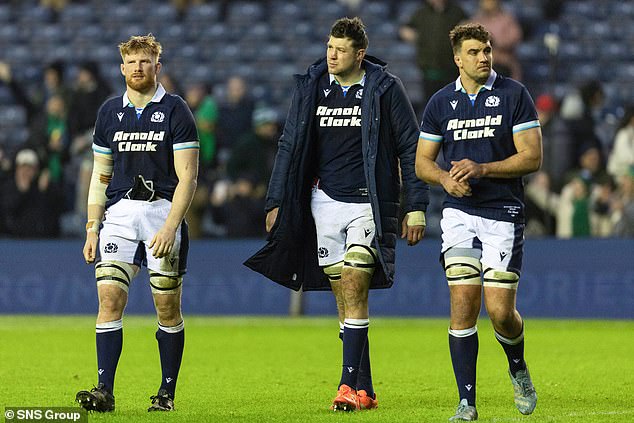 Gregor Brown, Grant Gilchrist and Sam Skinner (L-R) reflect on another setback against the Irish