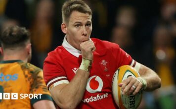 Liam Williams celebrates scoring for Wales against Australia