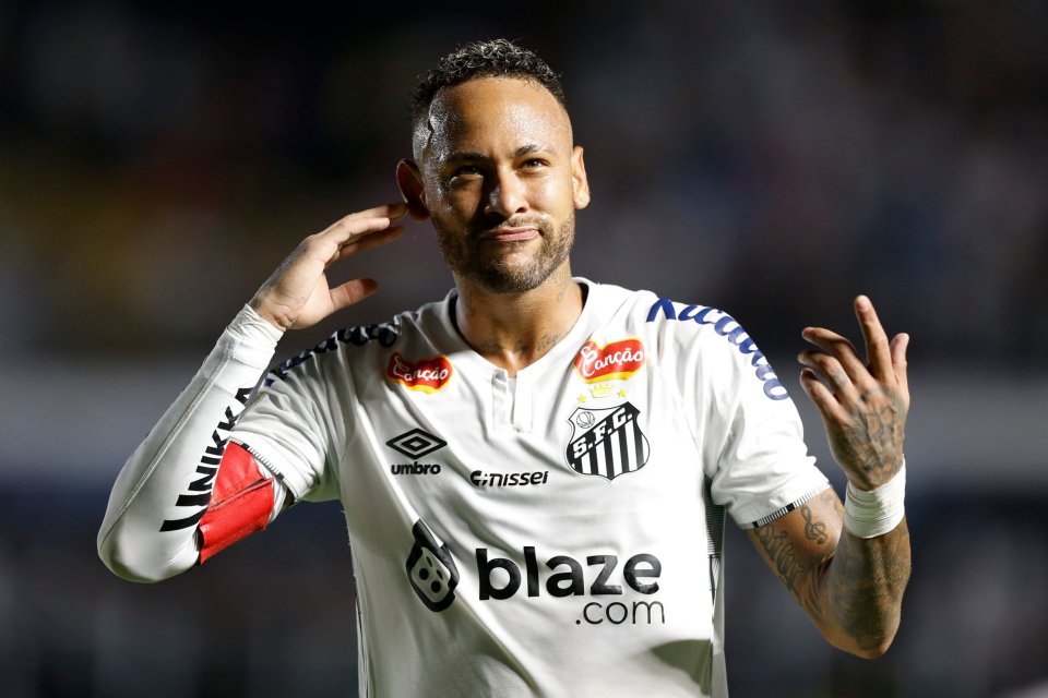 Neymar of Santos celebrates scoring a goal.
