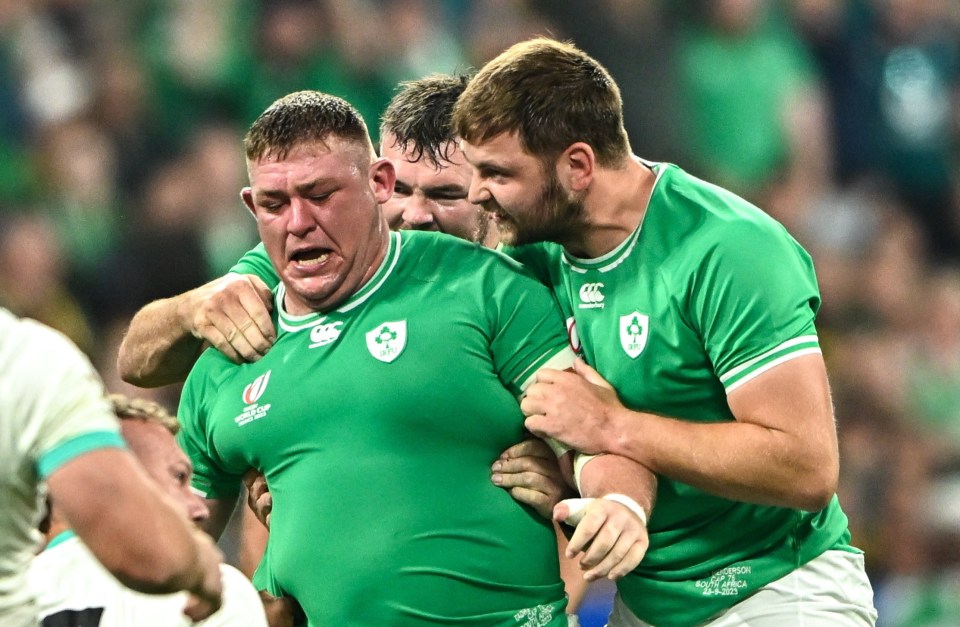 23 September 2023; Tadhg Furlong of Ireland, left, Peter O¿Mahony, centre, and Iain Henderson celebrate a scrum penalty during the 2023 Rugby World Cup Pool B match between South Africa and Ireland at Stade de France in Paris, France. Photo by Harry Murphy/Sportsfile