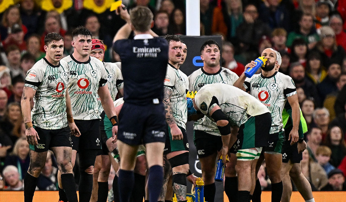 Garry Ringrose of Ireland, left, is shown a yellow card by referee Christophe Ridley during the Guinness Six Nations Rugby Championship match between Wales and Ireland at the Principality Stadium in Cardiff, Wales. Pic: Seb Daly/Sportsfile