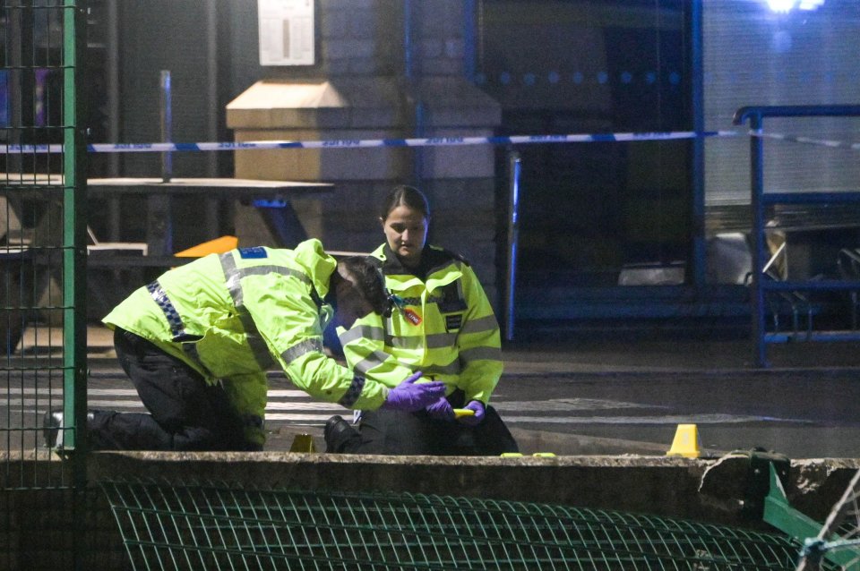 Police officers investigating a car crash that injured children.