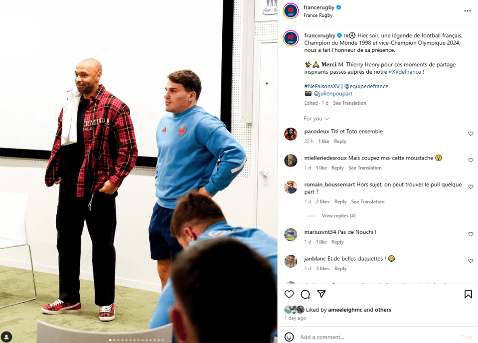 Screenshot of an Instagram post showing French rugby players and Thierry Henry, with comments.