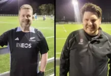 BBC Two side-by-side images of rugby players in training kit. Paul Parfitt is on the left and is wearing a New Zealand All Blacks shirt and gloves. Andy Holliday is wearing an England Rugby training top. Both are standing in front of the rugby pitch.