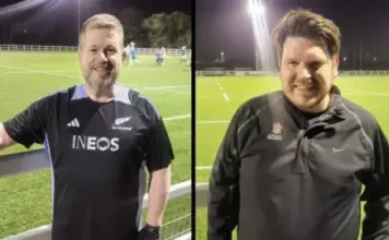 BBC Two side-by-side images of rugby players in training kit. Paul Parfitt is on the left and is wearing a New Zealand All Blacks shirt and gloves. Andy Holliday is wearing an England Rugby training top. Both are standing in front of the rugby pitch.