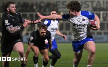 Bath back row Alfie Barbeary scores against Newcastle Falcons